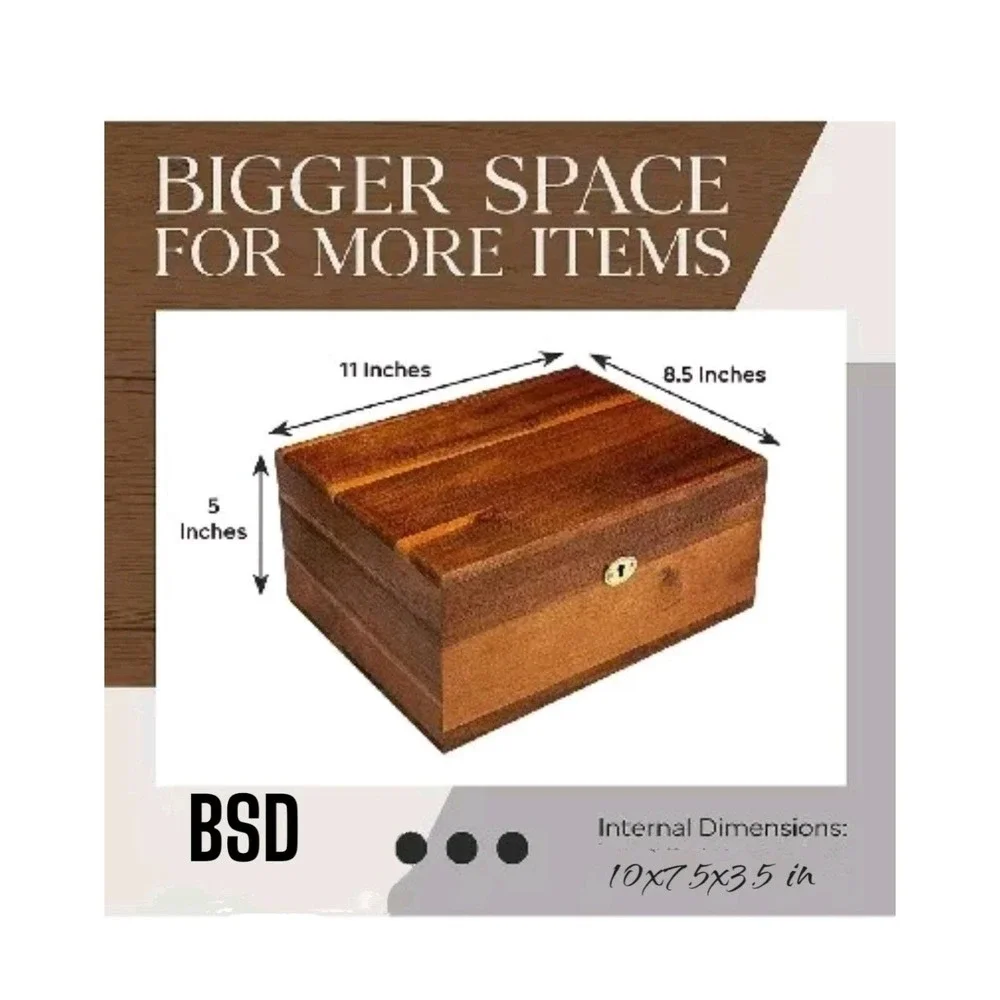 BSD Acacia Wood Keepsake Box With Lock Key Wooden Decorative Treasure Chest